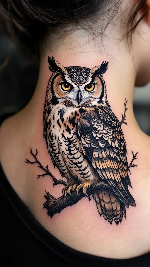 7 Neck Tattoo Designs for Women That Actually Fit the Narrow Canvas 5 An intricate owl tattoo with yellow eyes perched on a branch on a person's neck.
