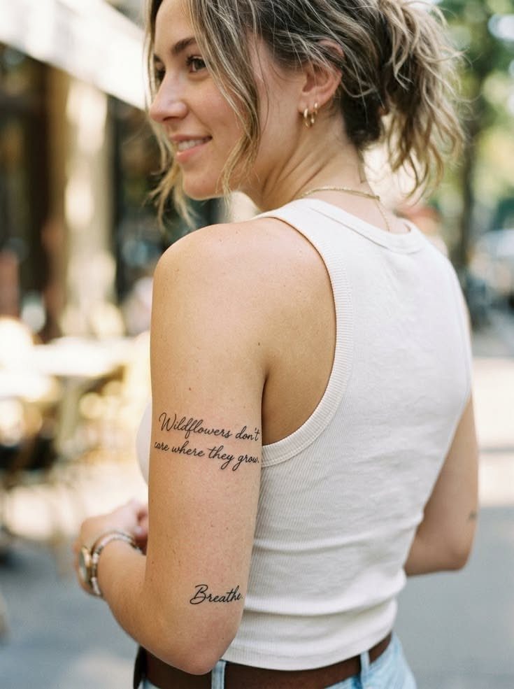Script Tattoo Placement: 9 Positions That Work 6 A smiling woman with two script tattoos on the back of her upper arm.