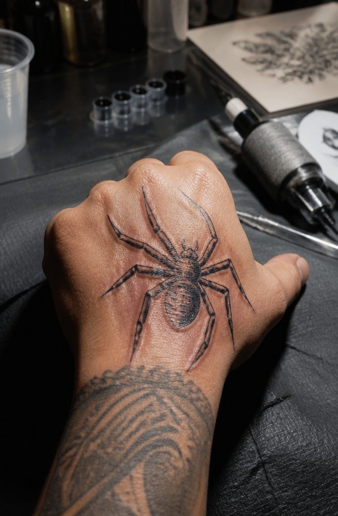 3D spider tattoo stencil with shadows on the back of a hand.