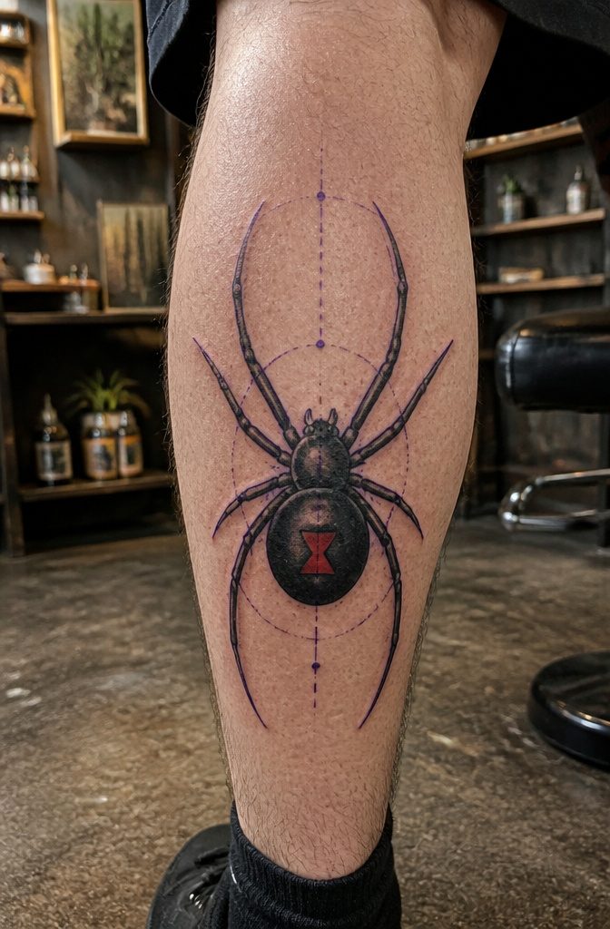 Black Widow spider tattoo stencil with a red hourglass on black.