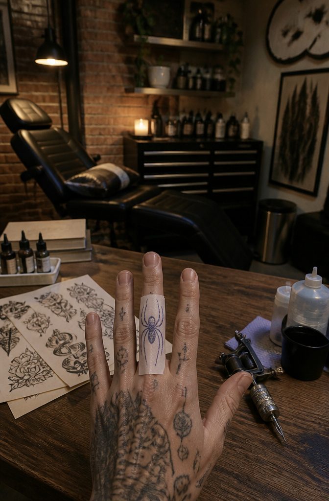 Spider tattoo stencil demonstrating placement options on skin.