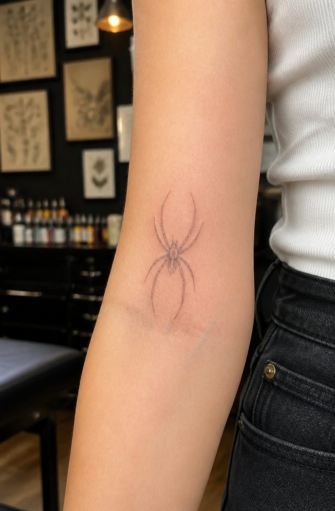 Fine line spider tattoo stencil on the inner arm.