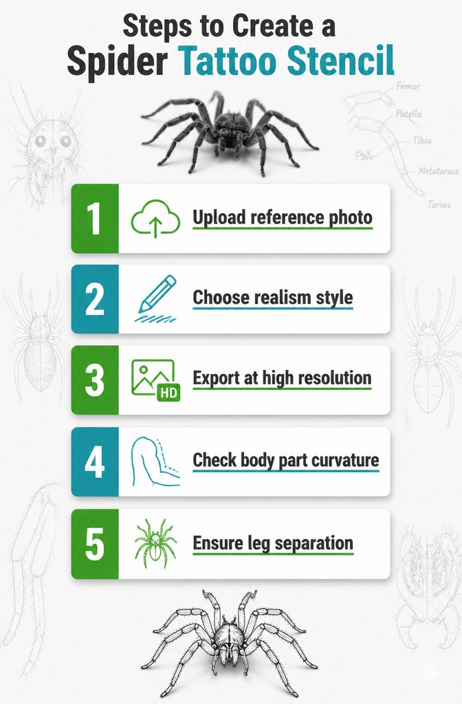 Instructions for creating a spider tattoo stencil from a reference.