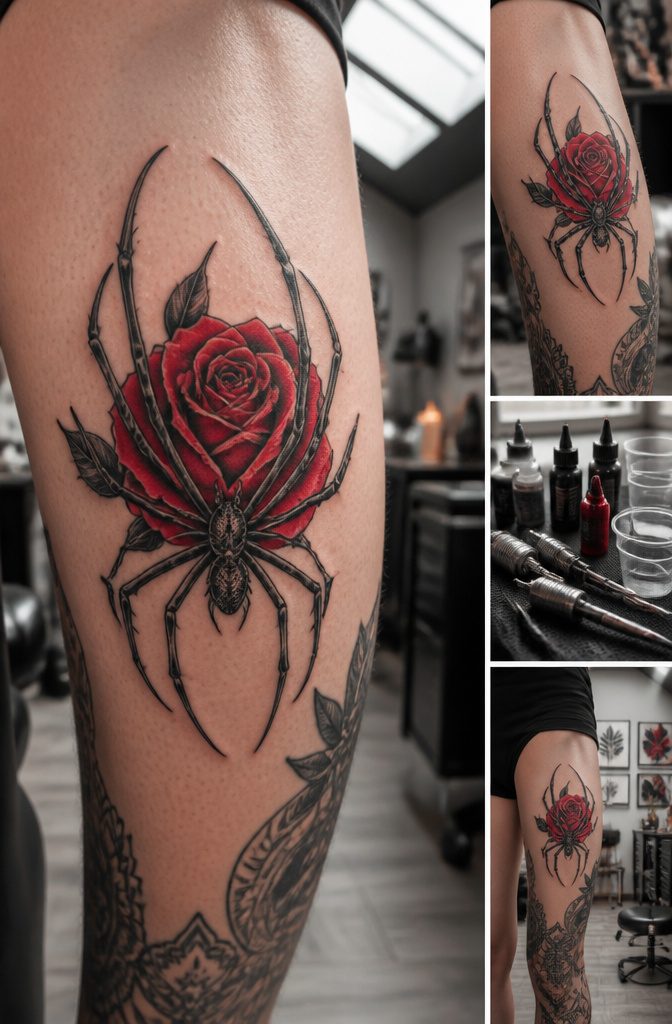 Spider tattoo stencil integrated with a skull design.