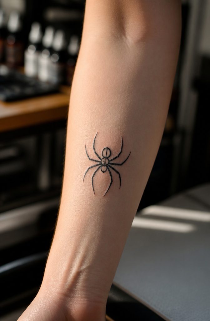 Minimalist spider tattoo stencil drawn with simple shapes.