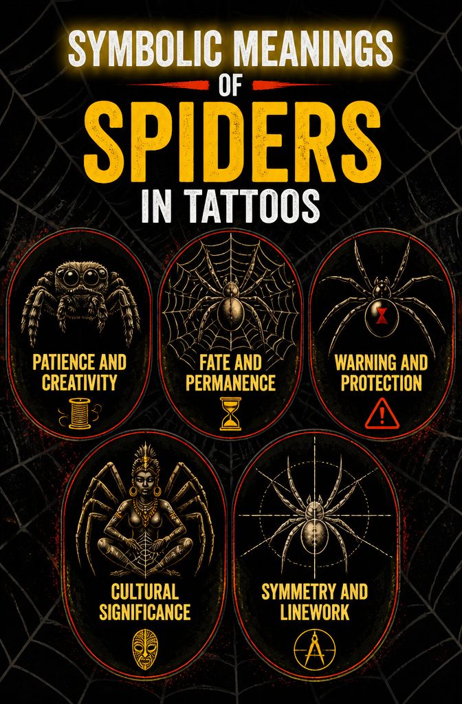 Information image on the symbolic meanings of spiders in tattoos.