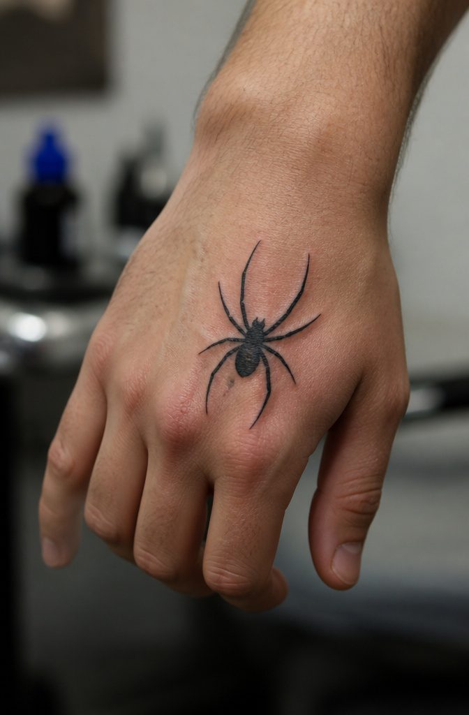 Minimalist spider tattoo stencil on the back of a hand.