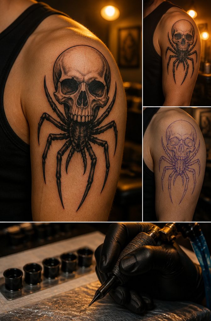 Skull and spider tattoo stencil combining both designs.
