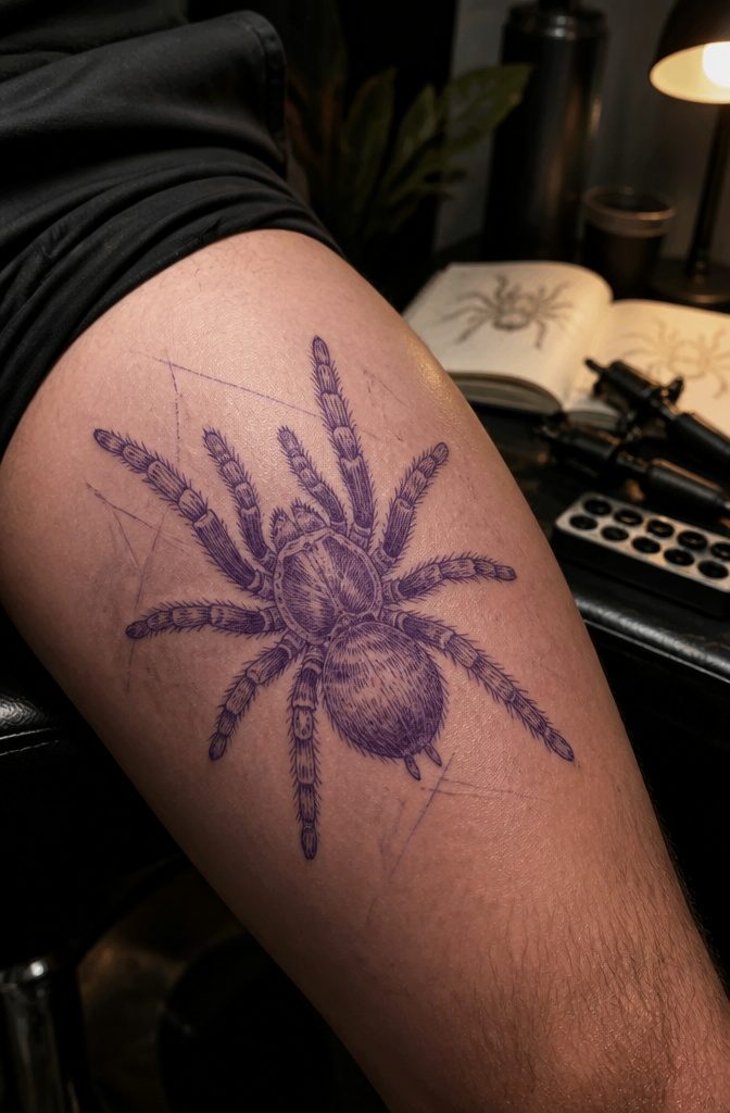 Tarantula spider tattoo stencil with detailed texture on a thigh.