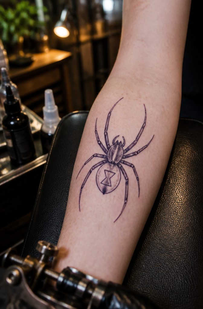 Traditional spider tattoo stencil with defined lines on pale skin.