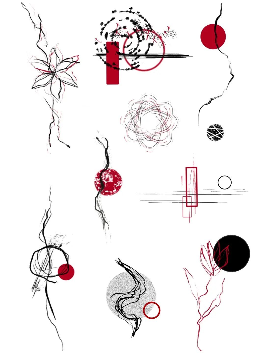 Stencil Tattoo Ideas: 14 Designs for Artists and First-Timers 8 Abstract tattoo designs with black lines and red geometric shapes on white background.