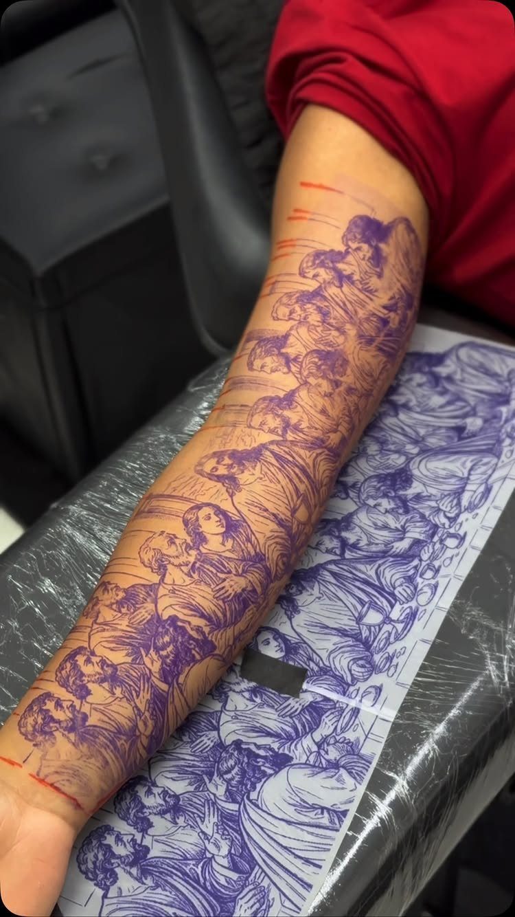 Stencil Tattoo Ideas: 14 Designs for Artists and First-Timers 11 A purple ink stencil design of classical figures applied to a person's forearm.