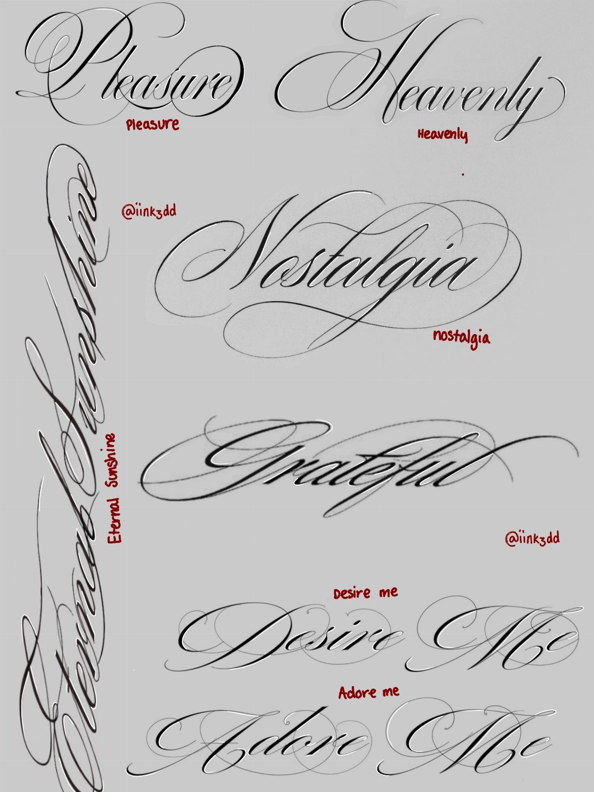Stencil Tattoo Ideas: 14 Designs for Artists and First-Timers 9 Elegant cursive script tattoo designs featuring words like Nostalgia and Grateful on a grey background.