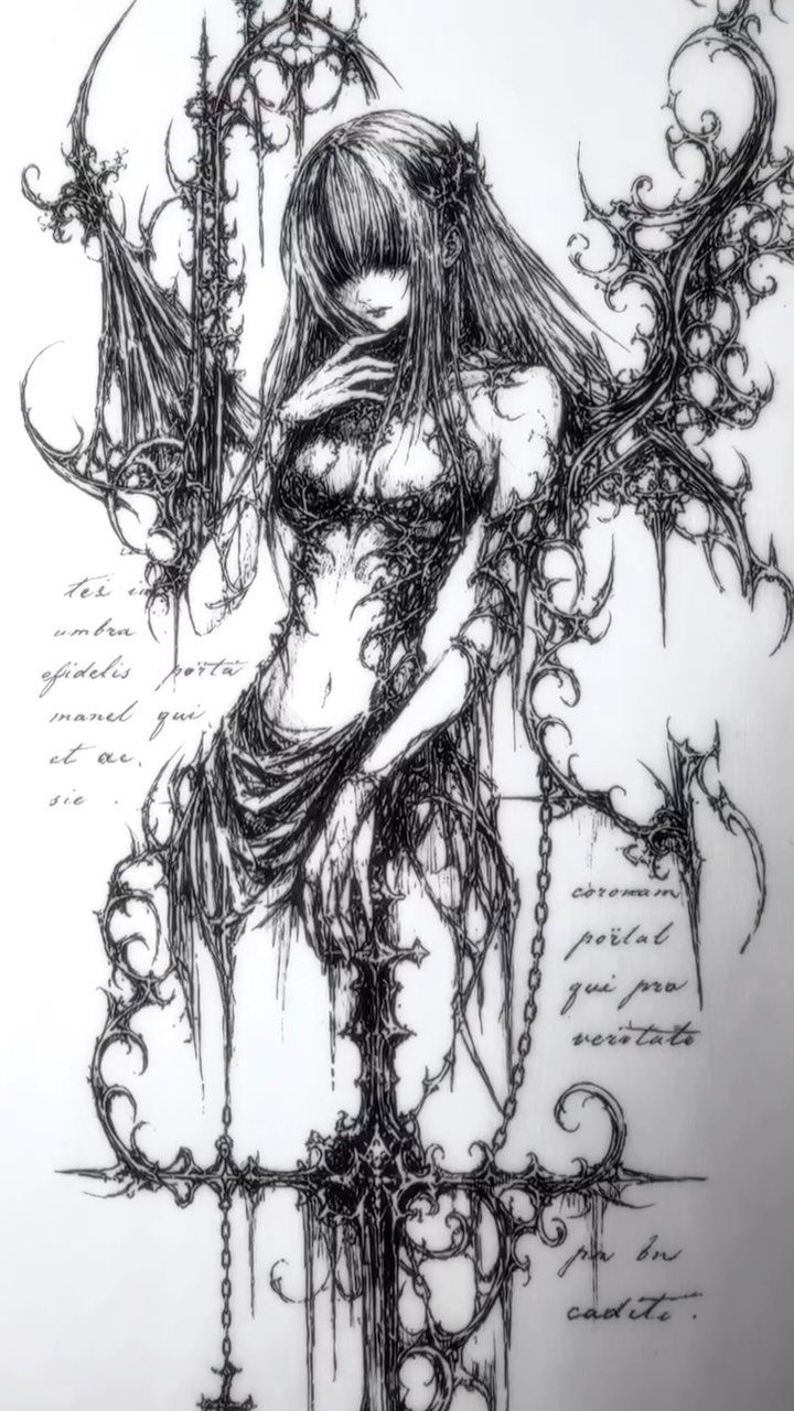 Stencil Tattoo Ideas: 14 Designs for Artists and First-Timers 14 Black and white ink drawing of a woman surrounded by intricate gothic thorny patterns and script.