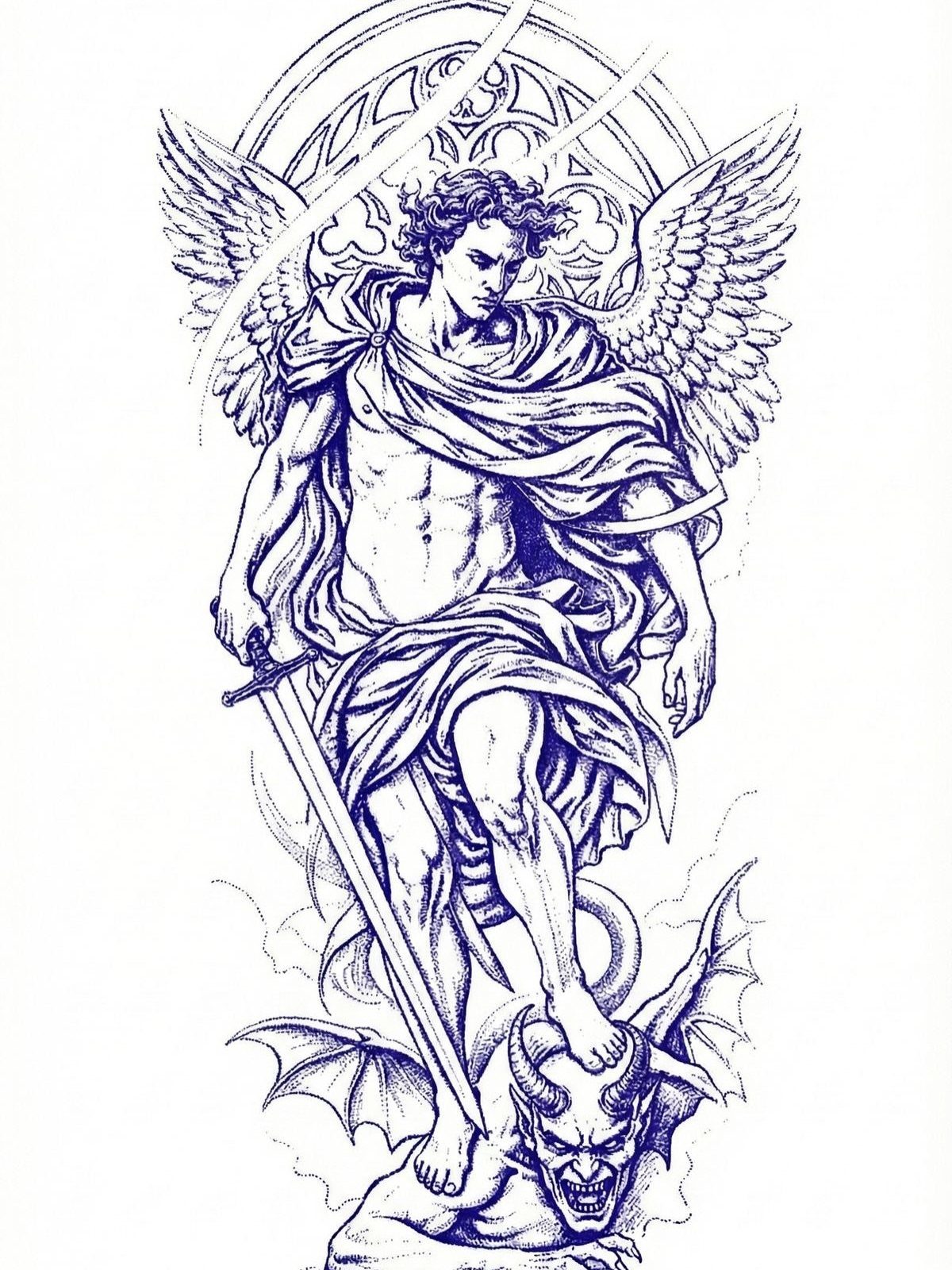 Stencil Tattoo Ideas: 14 Designs for Artists and First-Timers 7 Blue ink line art of a winged angel wielding a sword over a demon.