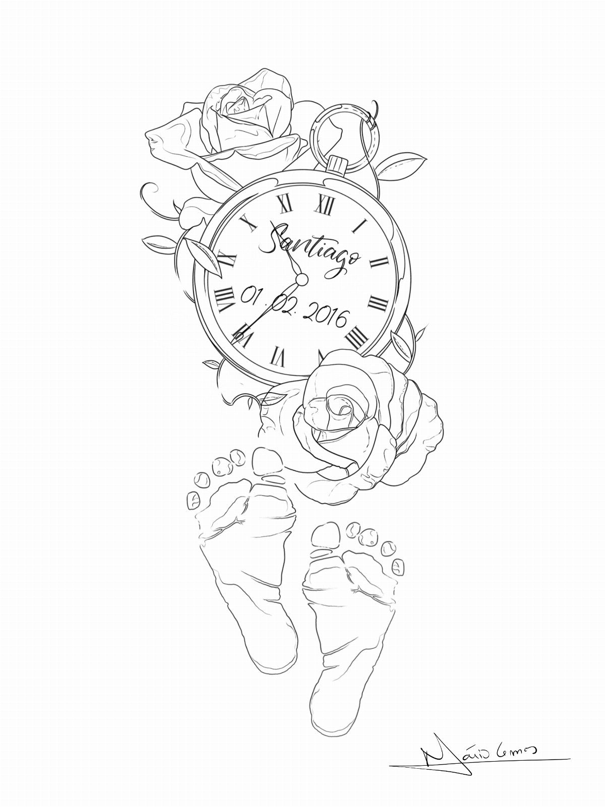 Tattoo Pattern for Beginners: 6 Starter Designs to Trace First 6 Line art drawing of a pocket watch with roses and baby footprints on a white background.