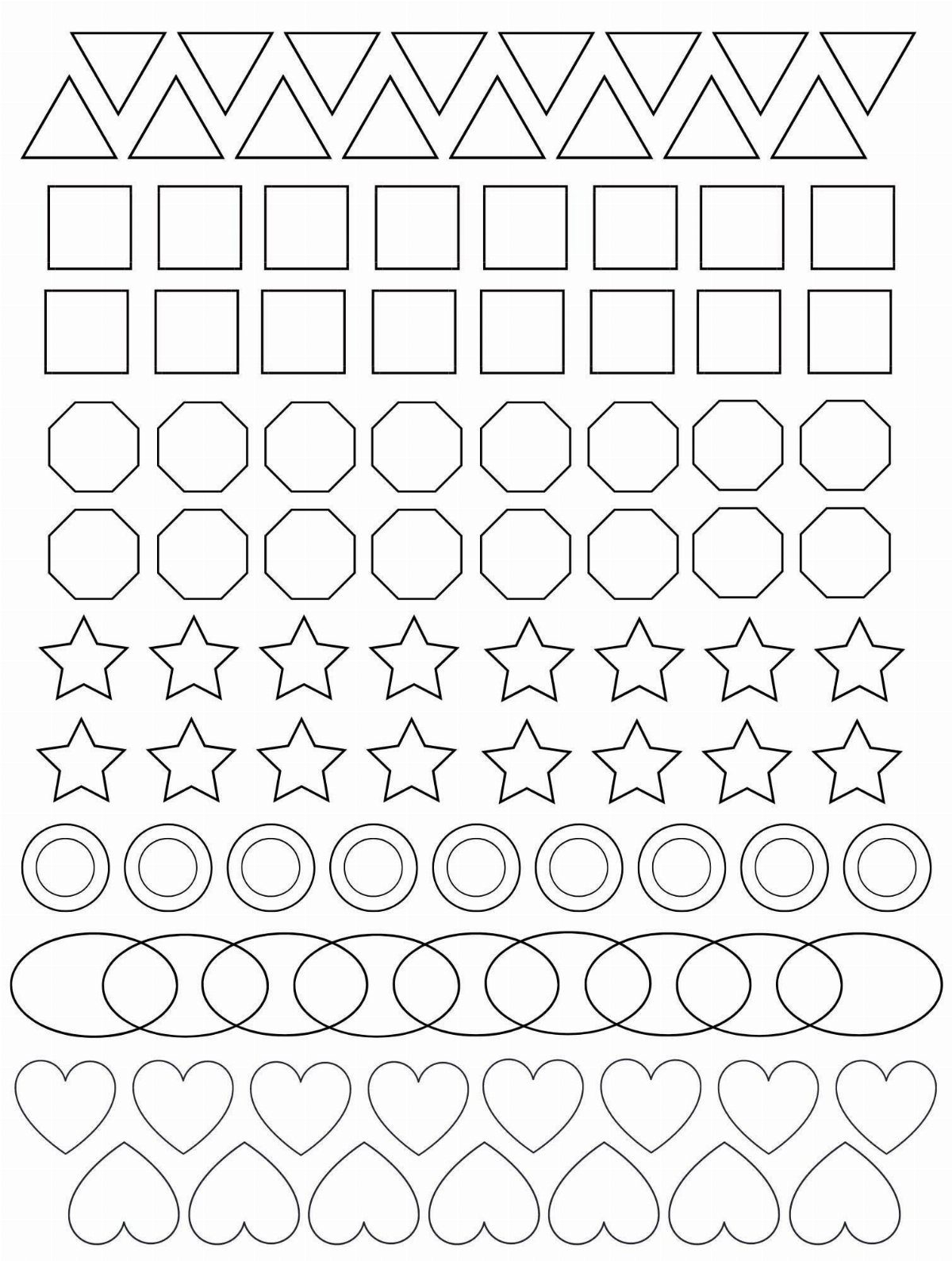 Tattoo Pattern for Beginners: 6 Starter Designs to Trace First 1 Black outline geometric shapes including triangles, squares, stars, and hearts arranged in rows on white.