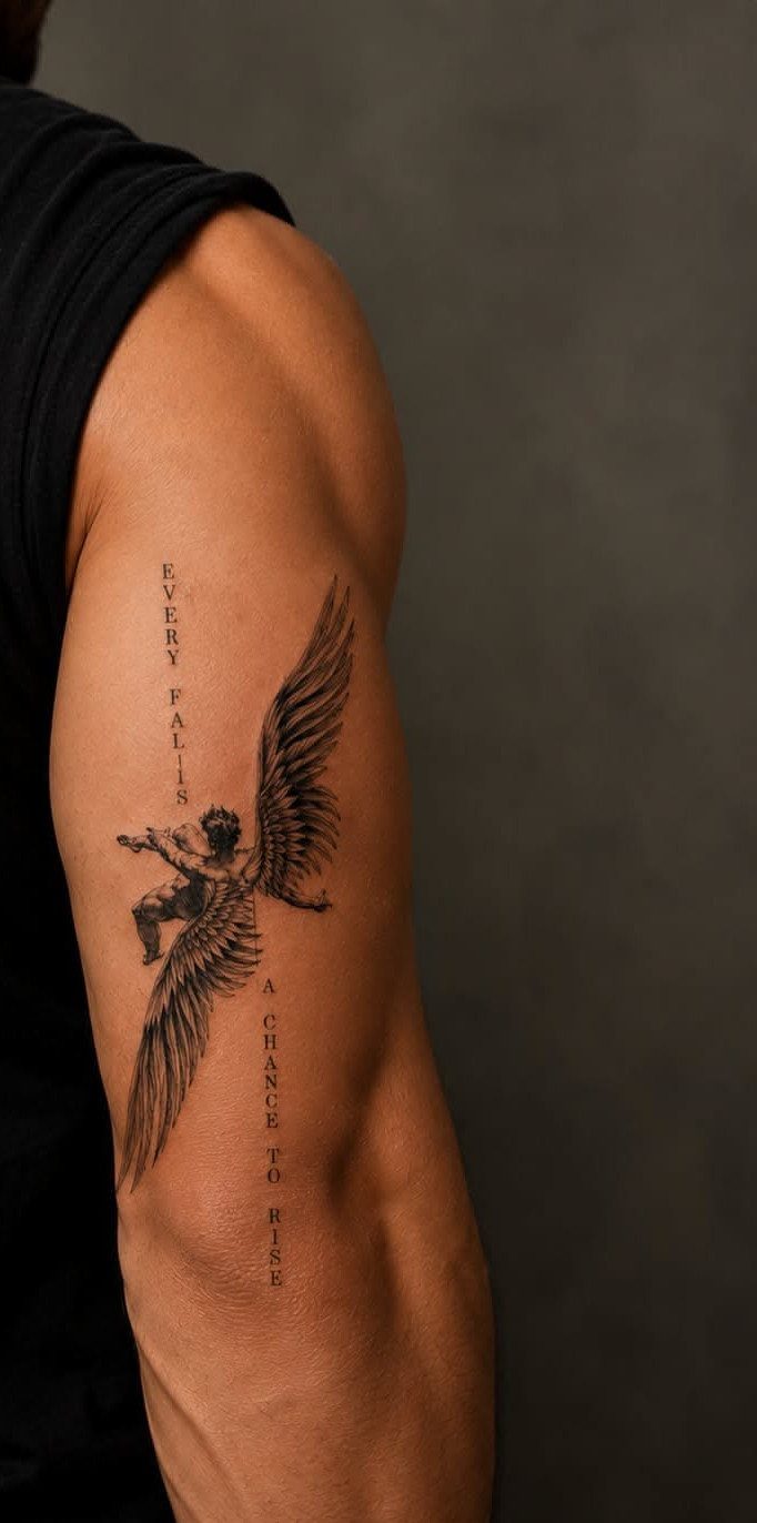 A man's arm featuring a large black ink tattoo of a winged figure and vertical text.