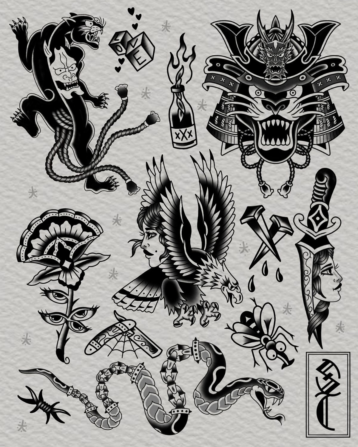 Tattoo Style Drawings: 6 Sketches Worth Keeping in Your Book 5 Black ink traditional tattoo designs including a panther, samurai mask, eagle, and snake on a grey background.