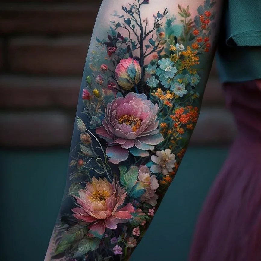 10 Tattoo Style Nature Ideas for Your Next Session 2 A vibrant, detailed floral tattoo with pink peonies and blue wildflowers on a person's arm.