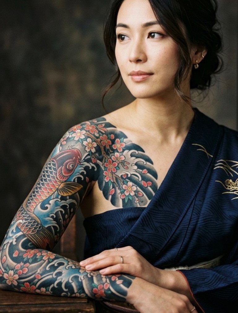 A woman wearing a blue kimono showcasing a colorful Japanese style sleeve tattoo.