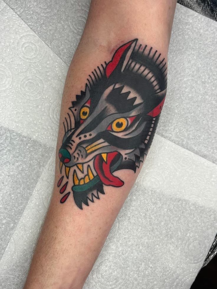 10 Traditional Cover Up Tattoo Ideas for Old Ink 10 A traditional style wolf head tattoo with bold black outlines on a person's forearm.