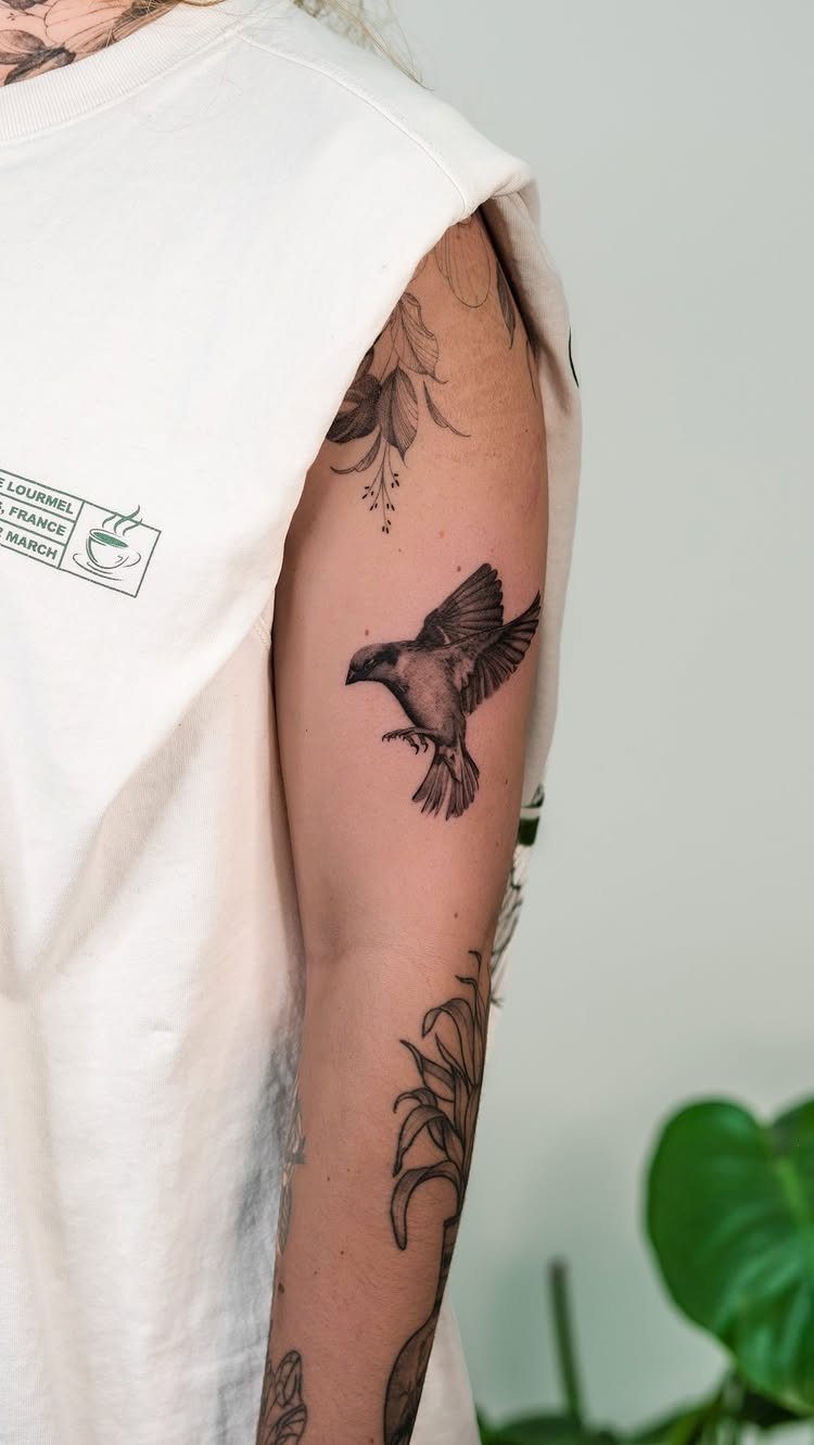 A black ink bird tattoo in flight on a person's upper arm.