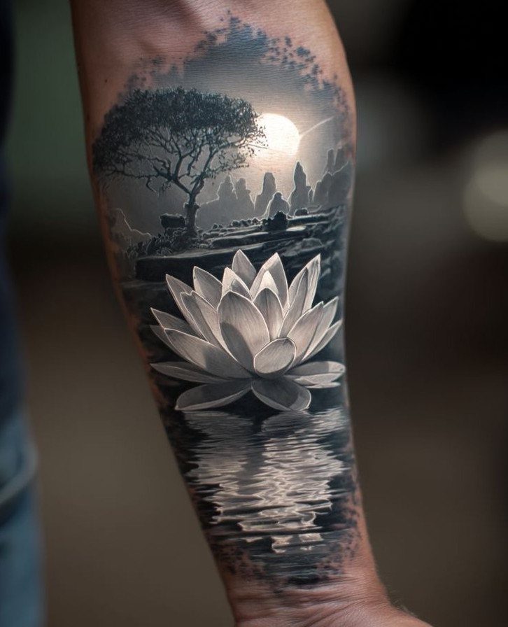 A realistic black and grey water lily tattoo on a person's forearm with a landscape background.
